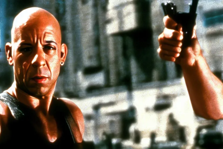 Image similar to film still of Vin Diesel as John McClane in Die Hard 1988