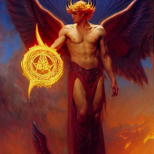 Prompt: attractive male lucifer morning star casting a spell summoning male demons. highly detailed painting by gaston bussiere, craig mullins, j. c. leyendecker, 8 k