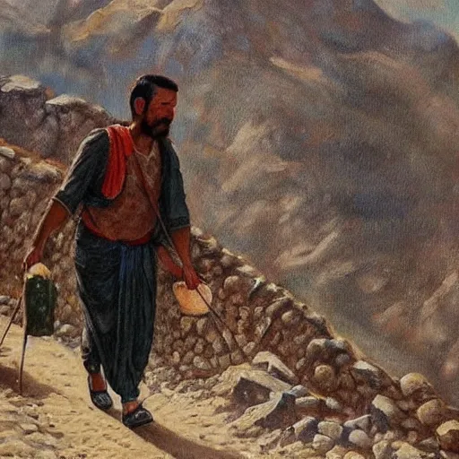 Image similar to kurdish man walking up a mountain with a huge backpack on with bags of rice attached on, beautiful painting by henry justice ford, incredible detail, award winning art