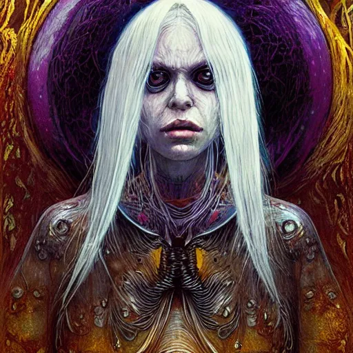 Image similar to portrait of small, rubbery, huge-eyed, big-lipped albino mutant priestess with elaborate white hair by Anato Finnstark, Beksinski, and Studio Ghibli