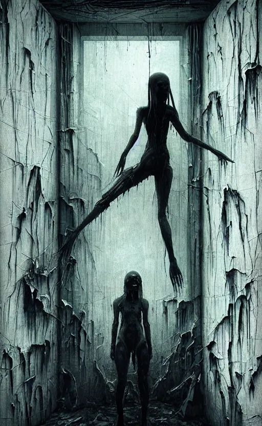 Image similar to vertical movie frame portrait of girl inside abandoned bedroom, ominous backrooms at distance seen through big broken shattered window, giger interior design, architectural design, vintage, liminal aesthetic, dreamcore, weirdcore, clean lines, wide angle, by wayne barlowe, tsutomu nihei, zdzislaw beksinski,