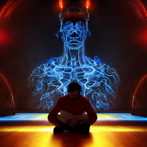 Prompt: dark god sit on the tron, surreal, night, death, fear, 4 k resolution, caravaggio, hyperrealism, detailed and intricate environment, volumetric dramatic light