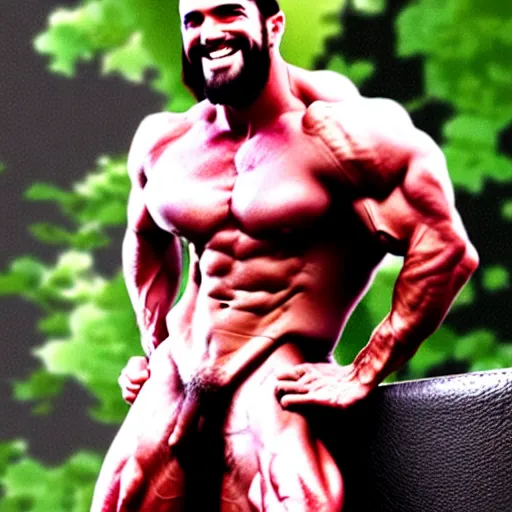 Image similar to jesus with enormous glistening muscles, body builder, smiling, gay