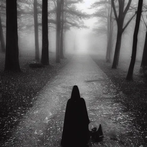 Image similar to a foggy white and black old photograph of a witch floating in the middle of wood, trees, dark, scary, detailed, fog, mist, blair witch project style