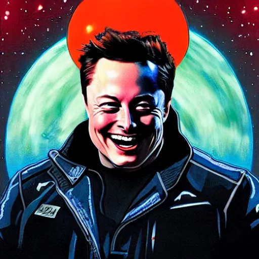 Image similar to movie poster of elon musk as a villain who looks at the planet mars with a macabre smile, his face is illuminated with a red light, drew struzan style