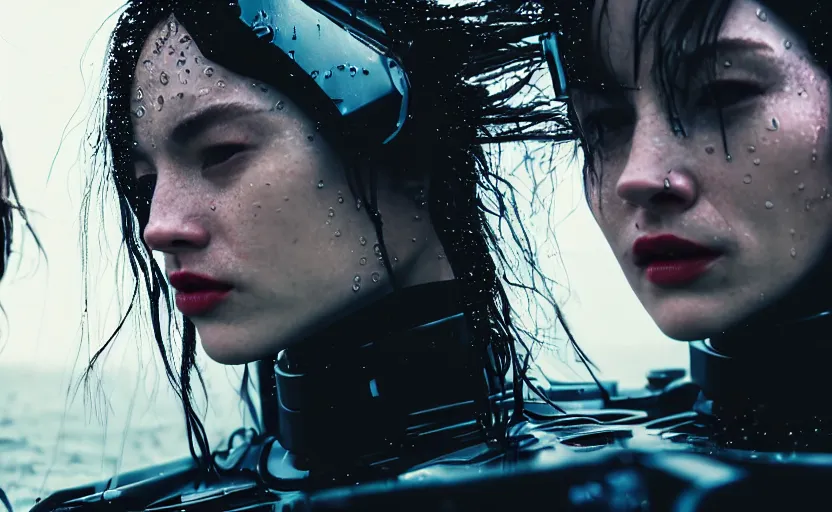 Image similar to cinestill 5 0 d candid action photographic portrait by quentin tarantino of two loving female androids wearing rugged black mesh techwear in treacherous waters, extreme closeup, modern cyberpunk retrofuturism moody emotional cinematic, pouring iridescent rain, 8 k, hd, high resolution, 3 5 mm, f / 3 2, motion blur, ultra realistic faces, ex machina