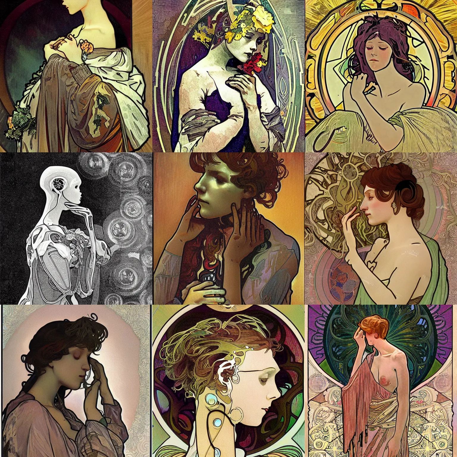 Prompt: realistic illustration emotional robot in a melancholy pose mourning a dead companion alphonse mucha