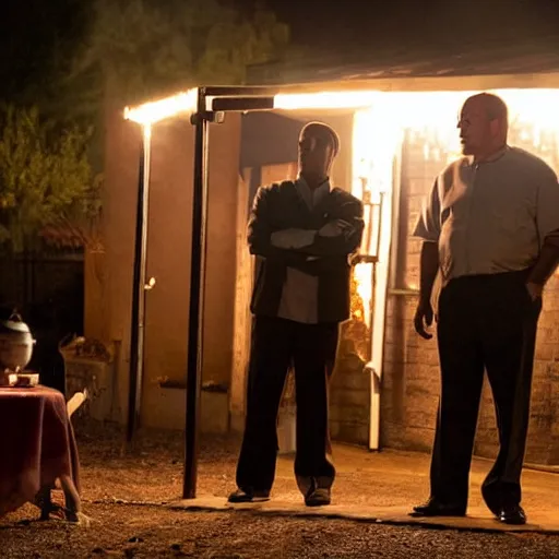 Prompt: Tony Soprano and Gustavo Fring in night at the yard speaking while grilling kebabs and one guy playing guitar, highly detailed, cinematic, dramatic lighting, shot on 70mm