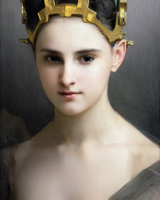 Image similar to 3 / 4 portrait photo by bouguereau of female dancer as a cyberpunk mecha humanoid robotic crown parts with straight bright led lights, inside white room, ultra - realistic and detailed, 8 k