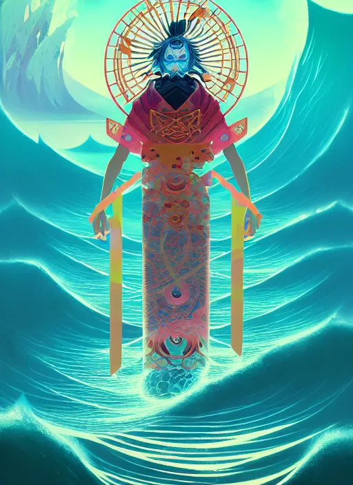 Image similar to fractal tarot card of a shinto naturepunk master of oceans and wind water and boats, beautiful detailed realistic cinematic character concept fashion portrait, hi - fructose art magazine, by anton fadeev and paul lehr and david heskin and josan gonzalez, 8 k