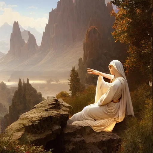 Image similar to christ on the mountain, landscape, intricate, elegant, highly detailed, digital painting, artstation, concept art, smooth, sharp focus, illustration, art by artgerm and greg rutkowski and tomas scholes and william - adolphe bouguereau