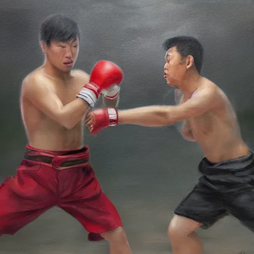 Image similar to asian person fighting a turkish person, cinematic, 4 k, oil painting