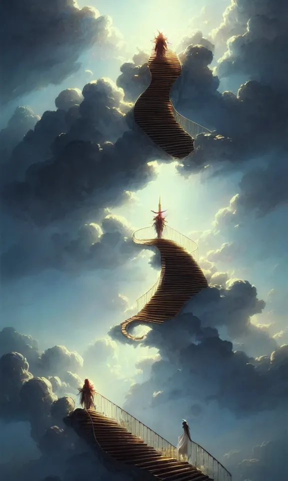 Image similar to stairway to heaven, sky full of clouds, art by greg rutkowski and peter mohrbacher, featured in artstation, octane render, cinematic, elegant, intricate, ultra detailed, rule of thirds, professional lighting, unreal engine, fantasy, concept art, sharp focus, illustration, 8 k