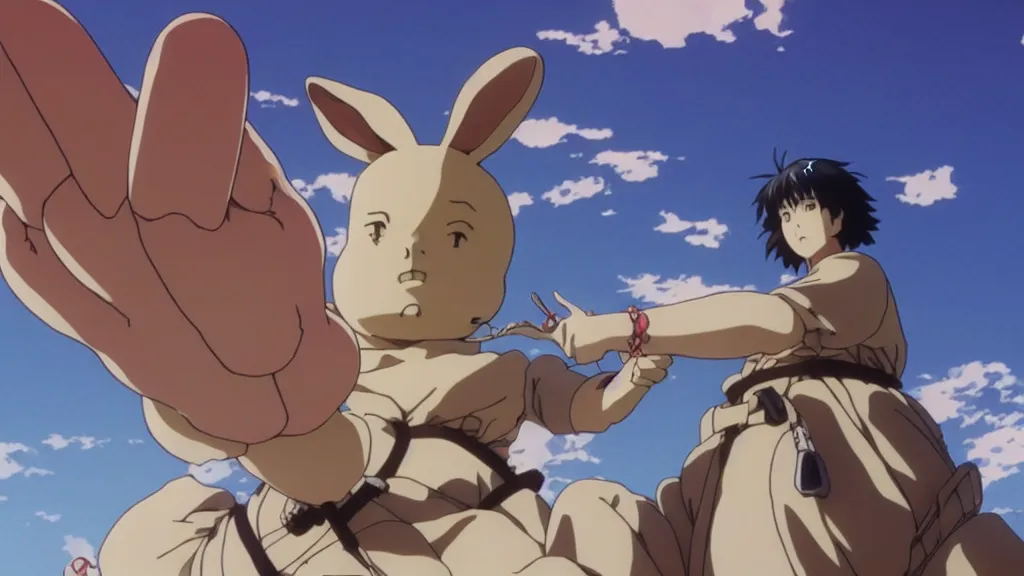 Prompt: a giant statue of a rabbits foot, anime film still from the an anime directed by Katsuhiro Otomo with art direction by Salvador Dalí, wide lens