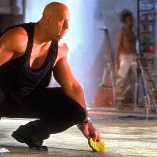 Image similar to Spectacular action scene from Mr. Clean with Mr. Clean played by Vin Diesel. Vin Diesel wears a white tank top and attempts to clean the floor with javel despite multiple explosions and shots. Cinematic, technicolor, crisped colors, highly intricate