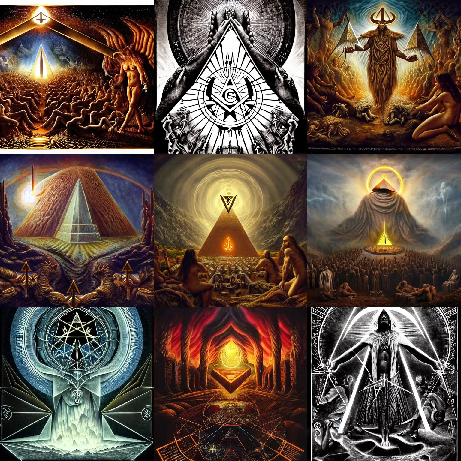 Image similar to birth of the civilization out of the luciferian spirit of distributed cognition, secret illuminati cabal, highly detailed, maximalist, occult alchemy, realistic, dark fantasy, 8 k