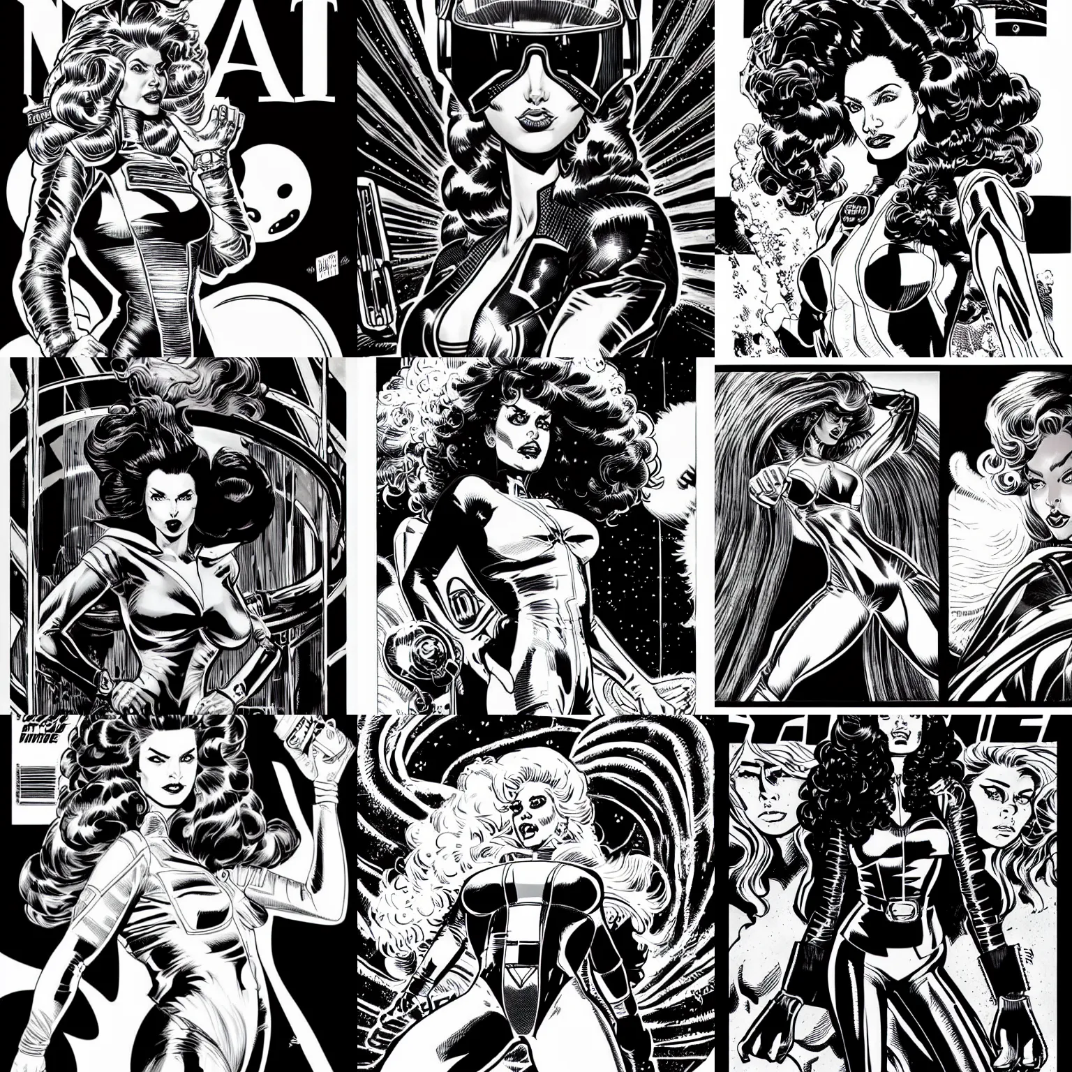 Prompt: portrait of a woman space pilot, big hair, heavy metal, retro, smooth, black and white, comic inks, by nick bradshaw, and arthur adams