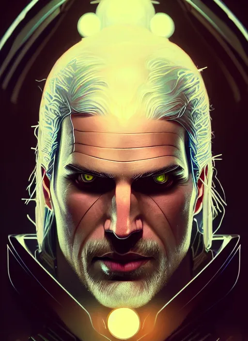 Image similar to symmetry portrait of geralt of rivia, sci - fi, tech wear, glowing lights intricate, elegant, highly detailed, digital painting, artstation, concept art, smooth, sharp focus, illustration, art by artgerm and greg rutkowski and alphonse mucha