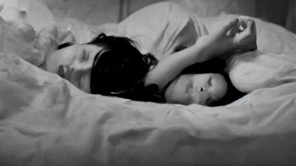 Image similar to movie still of girl having sleep paralysis, cinematic composition, cinematic light, criterion collection, by david lynch and ridley scott