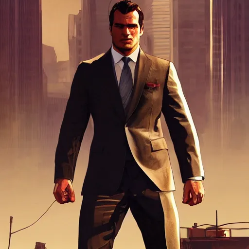 Image similar to Henry Cavill wearing a suit as a grand theft auto 5 loading screen, athletic , gorgeous, muscular, intricate, highly detailed, digital painting, artstation, concept art, sharp focus, illustration, art by greg rutkowski and alphonse mucha