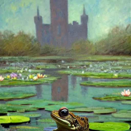 Image similar to oil painting close - up of a smiling frog in the pond with water lilies, high grey medieval castle on background, shallow depth of field, highly detailed, ominous, digital art, masterpiece, matte painting, sharp focus, matte painting, by isaac levitan, monet, asher brown durand,