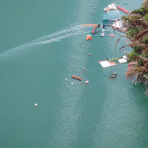 Prompt: a photo of a tsunami sweeping away buildings and early 2 0 0 0 s and 1 9 9 0 s cars as well as 1 9 7 0 s and 5 0 s cars and debris is in the water, water is unnaturally clear and teal.