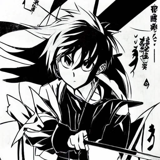 Prompt: young anime hero with a sword, illustrated by mato and ken sugimori, manga, black and white illustration