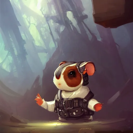 Image similar to cute little anthropomorphic Guinea Pig wearing techwear outfit, ultra wide lens shot , tiny, small, short, cute and adorable, pretty, beautiful, DnD character art portrait, matte fantasy painting, DeviantArt Artstation, by Jason Felix by Steve Argyle by Tyler Jacobson by Peter Mohrbacher, cinematic lighting