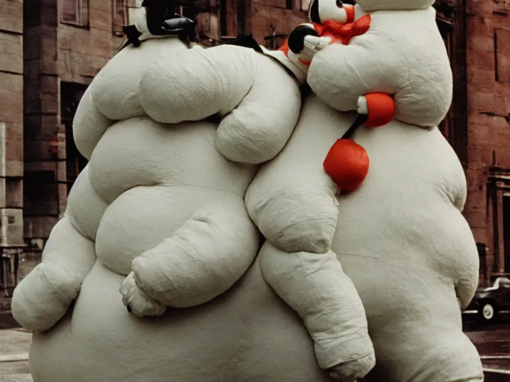 Prompt: 3 5 mm kodachrome colour photography of michelin man and stay - puft marshmallow man kissing each other, just they in love, no more characters, two characters taken by harry gruyaert