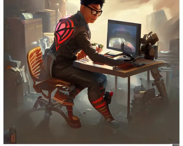 Image similar to an insanely detailed painting of a nerdy asian man wearing a superhero costume, sitting at a desk, staring at the nervously at the computer and typing, in the style of peter mohrbacher, dramatic lighting and composition, octane render, pixar, trending on artstation, concept art, comic book, view from behind