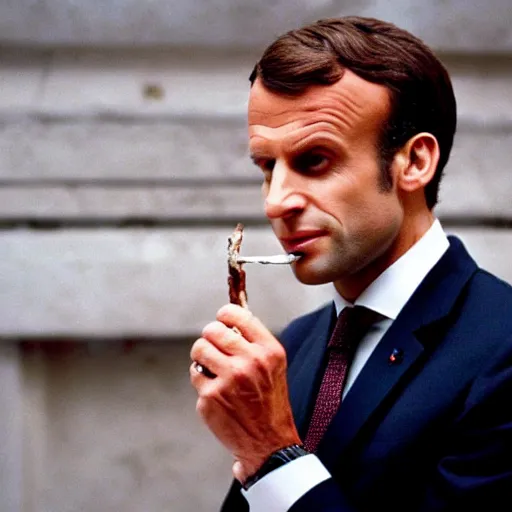 Image similar to Emmanuel Macron enjoying a big cigare, highly realistic details in American Psycho (1999)