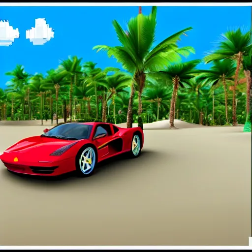 Prompt: a red Ferrari testarossa next to a white sand beach with palm trees. 16bit graphics. HD 8K. Intricate detail