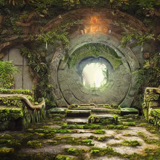 Image similar to ancient overgrown ruins, medieval gates, runestones, nostlagia, mysetrious etherial mesmerizing runic cat eyes, magical elven geometry, floating islands, hyper detailed, realistic