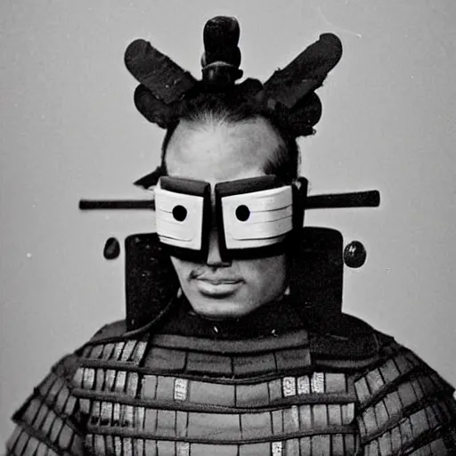 Image similar to samurai wearing a spongebob mask 1 8 0 0 s photograph