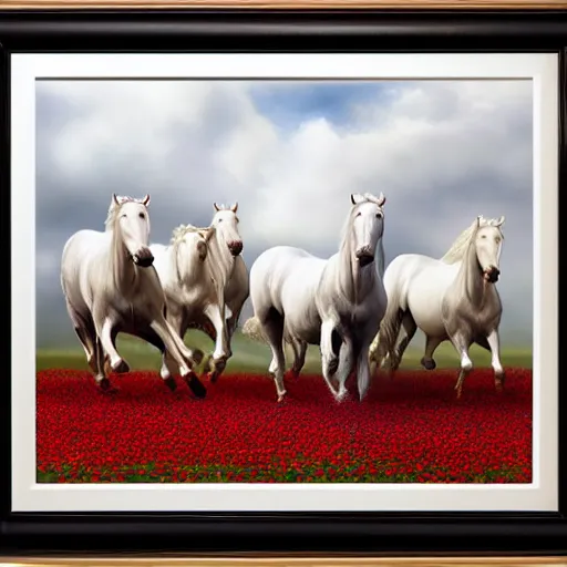 Image similar to wide angle perspective sideview shot ultrarealistic HERD OF WHITE HORSES running through a vast field of red poppies at twilight :: equine anatomy, anatomically correct horses, sculpted muscles, long flowing manes, photorealistic heads:: styles of Richard Avedon, Rosa Bonheur, Jacques-Louis David, and John Collier :: matte painting, smooth rendering, laser sharp, insane detail, volumetric twilight, cinematic, God light shafts, Octane render, trending on Artstation, Behance, Zbrush, deep focus, intricate lines, epic, luxury, elite