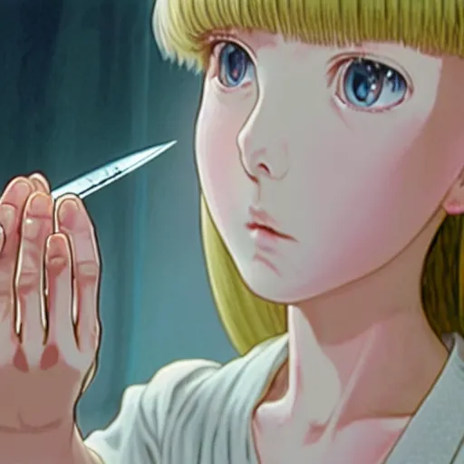 Prompt: IMAX film still of a portrait of a morbid 18 year old young woman wearing a dress of the soft aesthetic with wavy long hair, queen of sharp razorblades holds a single small sharp blade or a razor her hand and shows it to the user, by Range Murata, Katsuhiro Otomo, Yoshitaka Amano.