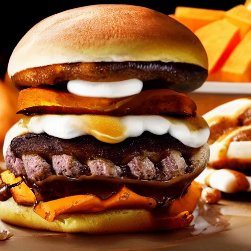 Prompt: Fast Food commercial photograph of a Cinnabon burger with a sweet potato patty, sweet cinnamo bun and melted marshmallows