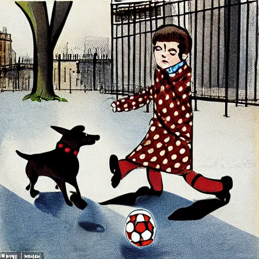 Image similar to book illustration of a french boy on the streets of paris playing football against a corgi, the dog is wearing a polka dot scarf, 1 9 6 6