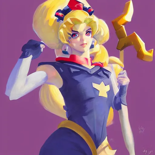 Prompt: greg manchess portrait painting of sailor moon as overwatch character, medium shot, asymmetrical, profile picture, organic painting, sunny day, matte painting, bold shapes, hard edges, street art, trending on artstation, by huang guangjian and gil elvgren and sachin teng