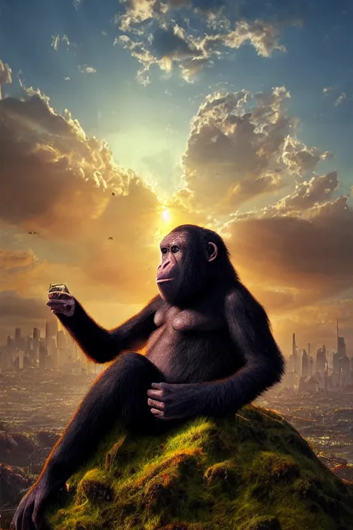 Prompt: ape wearing formal suit eating other apes in surreal scene, cubical meeting room office, skyline showing from the windows, 8k hyper realistic, sunset, volumetric rays, fine art, artstation, matte painting, masterpiece by vasnetsov