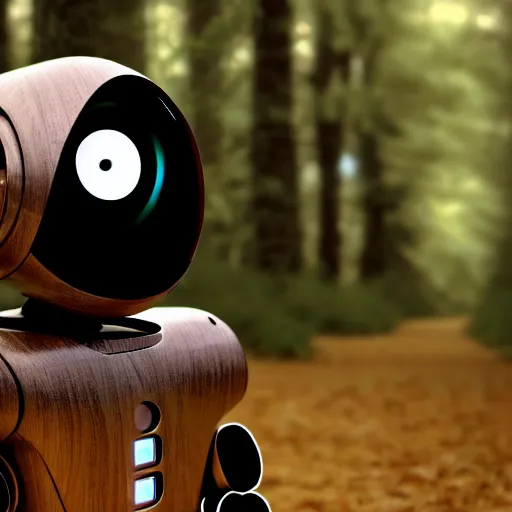 Image similar to a cute little robot in a wood. super realistic 8 k render of a dark hooded powerful elegant, cinematic composition