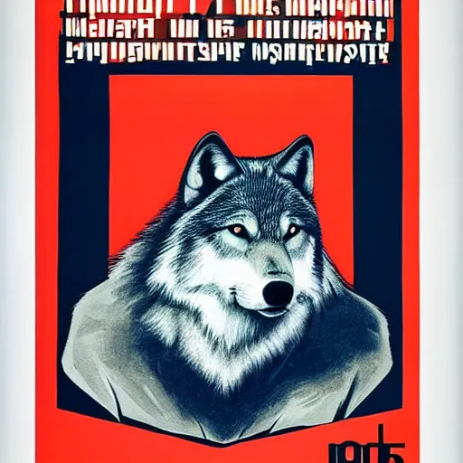 Image similar to wolf portrait, soviet propaganda poster style, populism, propaganda, lies, squint eyes