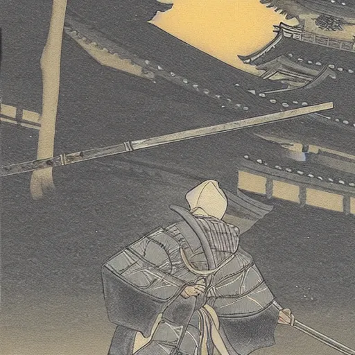 Prompt: a ninja mystically coming out of the shadows to assassinate the shogun, painting, realistic, night time, kyoto castle,