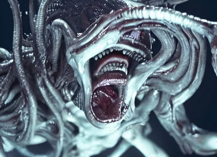 Image similar to film still of kim kardashian being ingested by an xenomorph, alien goo, transparent goo, transparent liquid, saliva, 8 k