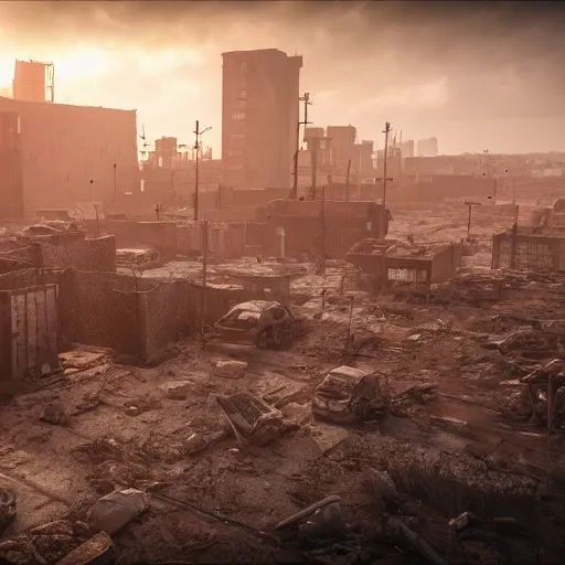 Image similar to apocalyptic wasteland with an economy using every resource to survive, 3d render, Unreal Engine, octane render, ray tracing, Unity, highly detailed, high quality, HD, 4k, 8k, realistic, sharp, trending