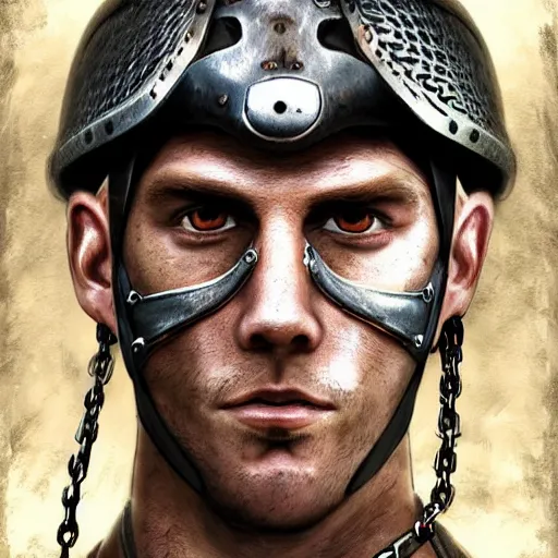 Prompt: realistic portrait, 30 year old man :: athletic, rough, agressive :: short black hair :: medieval metal helmet, chain mail :: high detail, digital art, RPG, concept art, illustration