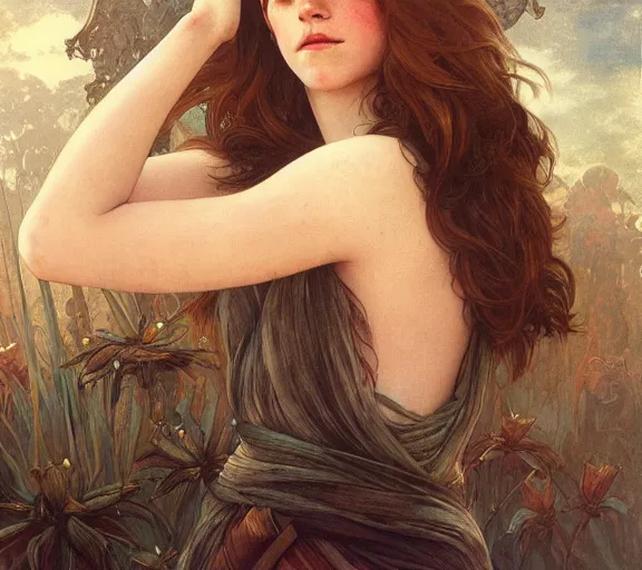 Image similar to photography of emma watson with hands - up and hairy armpits, deep focus, intricate, elegant, highly detailed, digital painting, artstation, concept art, matte, sharp focus, illustration, art by artgerm and greg rutkowski and alphonse mucha and gil elvgren