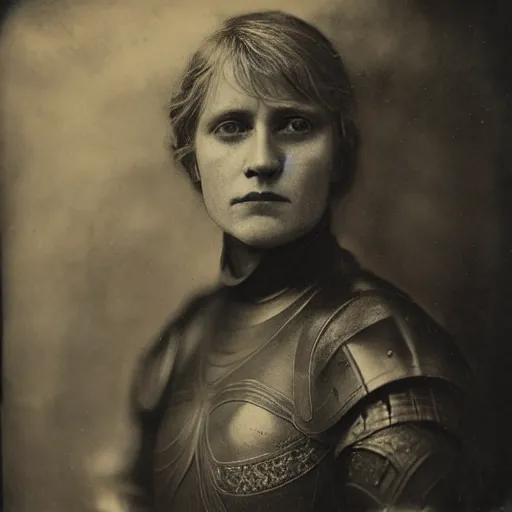 Image similar to tintype photo of brienne of tarth, wearing armor, by julia margaret cameron 1 8 8 0 s, realistic, body shot, sharp focus, 8 k high definition, insanely detailed, intricate, elegant