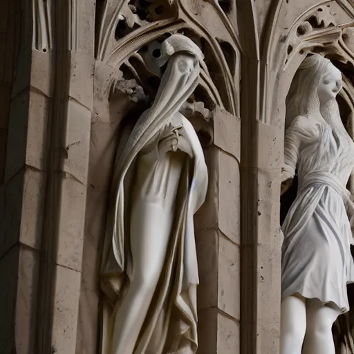 Image similar to architectural shot, no decaying lines, alabaster gothic cathedral, gothic sapphire female statue, intricate arabesque detailed silk dressed, macro head face