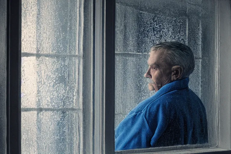 Image similar to a cinematic painting of an old male prisoner inside of jail cell looking out of a small frosted window, beautiful lighting, high depth, ultra realistic, artistic, by annie leibovitz, by gregory crewdson, blue color theme